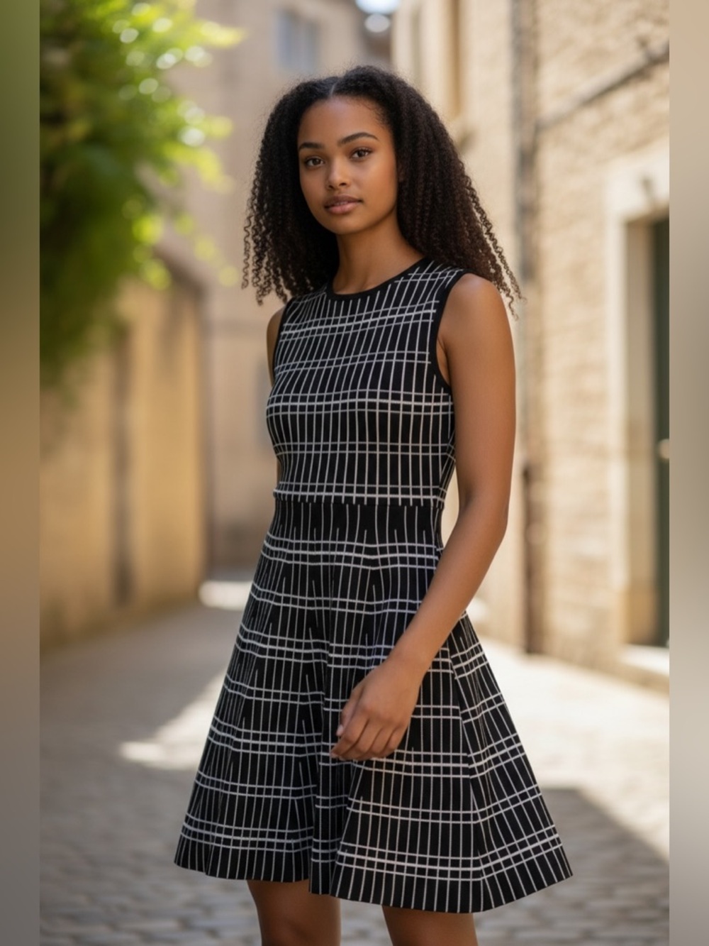 Zara - Sleeveless Black & White Grid Fit-and-Flare Dress